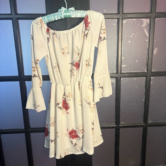 Romwe Cottagecore Off Shoulder Floral Dress Peasant Boho Mini Ivory M - Picture 2 of 11